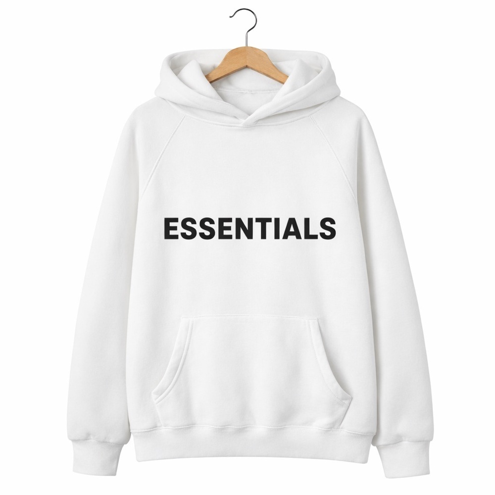 Fear of God ESSENTIALS White Hoodie Logo Sweatshirt Size L Minimalist Streetwear